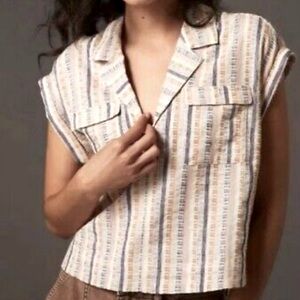 Anthropologie Cropped Pullover Top Size Small Pink Blue Stripe Womens